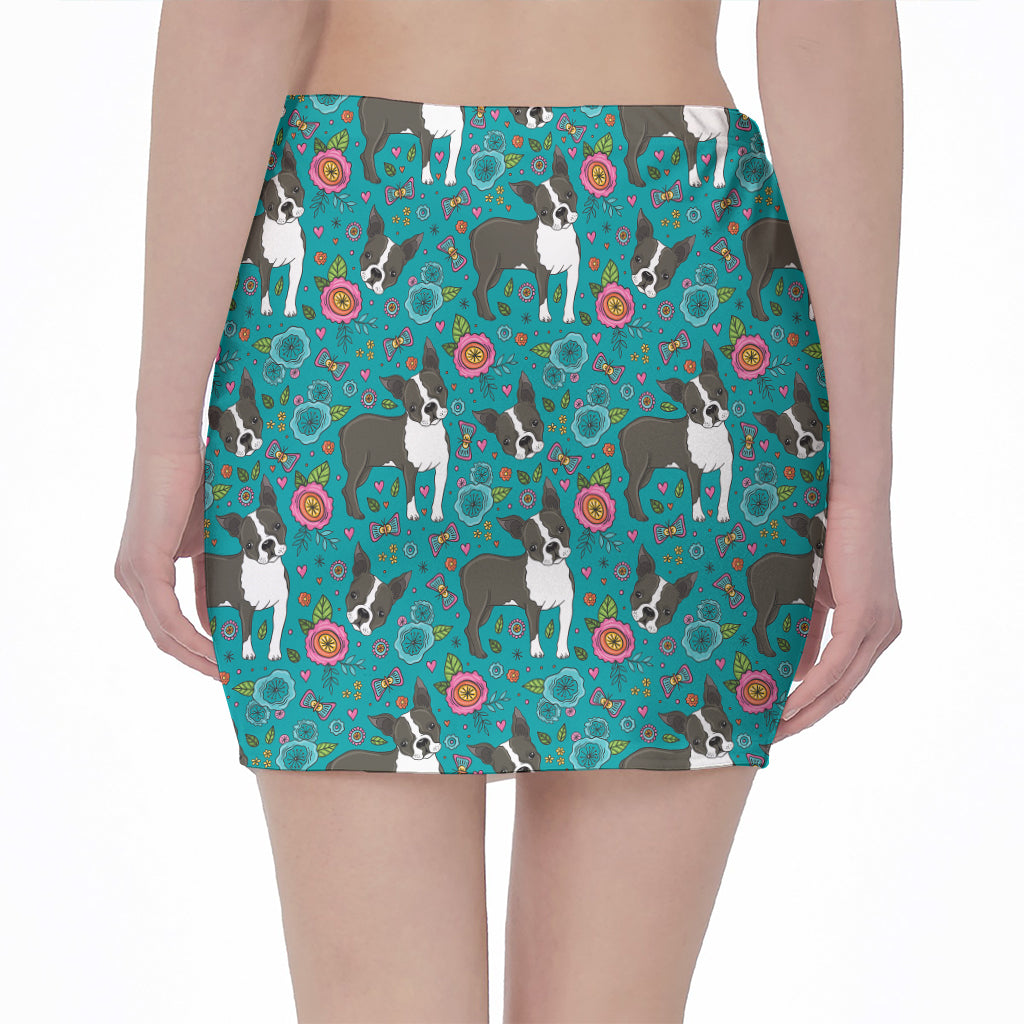 Cartoon Boston Terrier Flower Print Pencil Mini Skirt