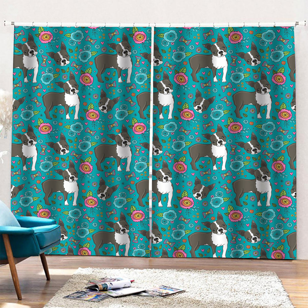 Cartoon Boston Terrier Flower Print Pencil Pleat Curtains