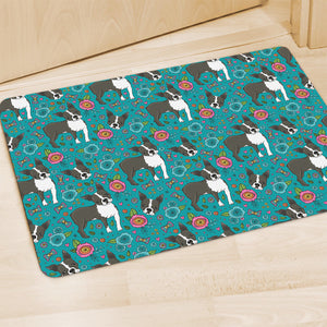 Cartoon Boston Terrier Flower Print Polyester Doormat