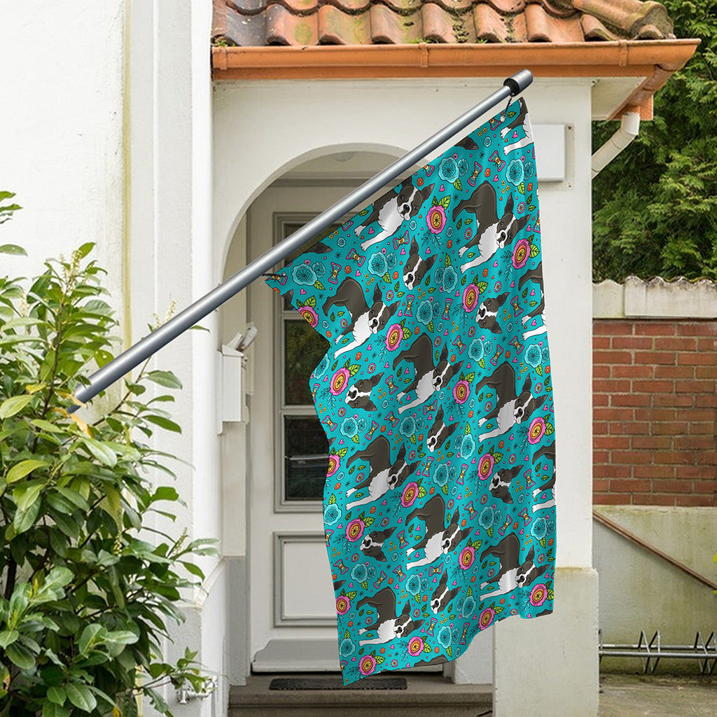 Cartoon Boston Terrier Flower Print Polyester Flag