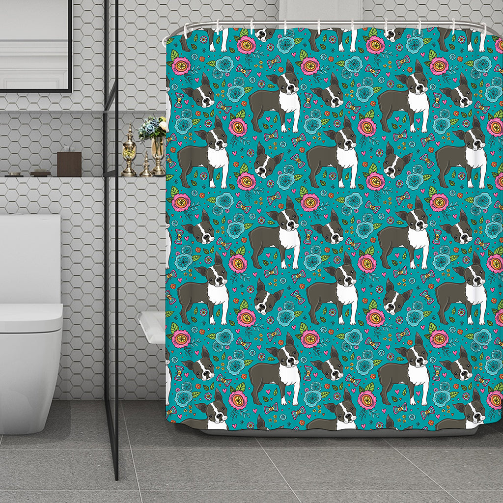 Cartoon Boston Terrier Flower Print Polyester Shower Curtain