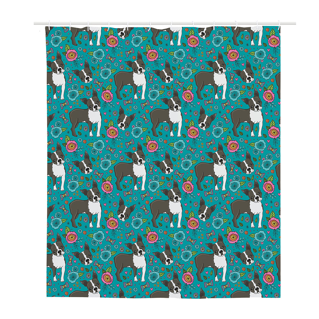 Cartoon Boston Terrier Flower Print Polyester Shower Curtain