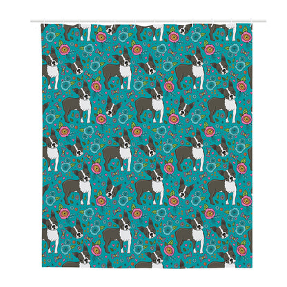 Cartoon Boston Terrier Flower Print Polyester Shower Curtain