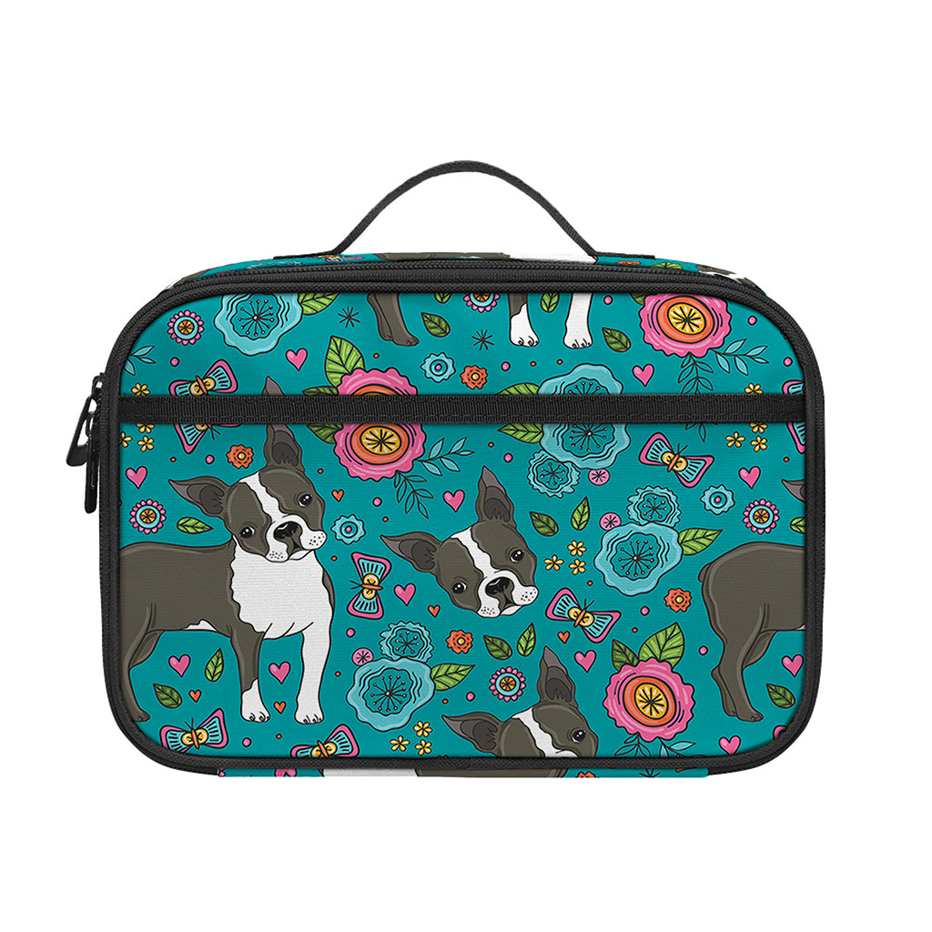 Cartoon Boston Terrier Flower Print Portable Lunch Bag