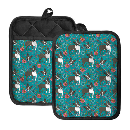 Cartoon Boston Terrier Flower Print Pot Holders With Pocket