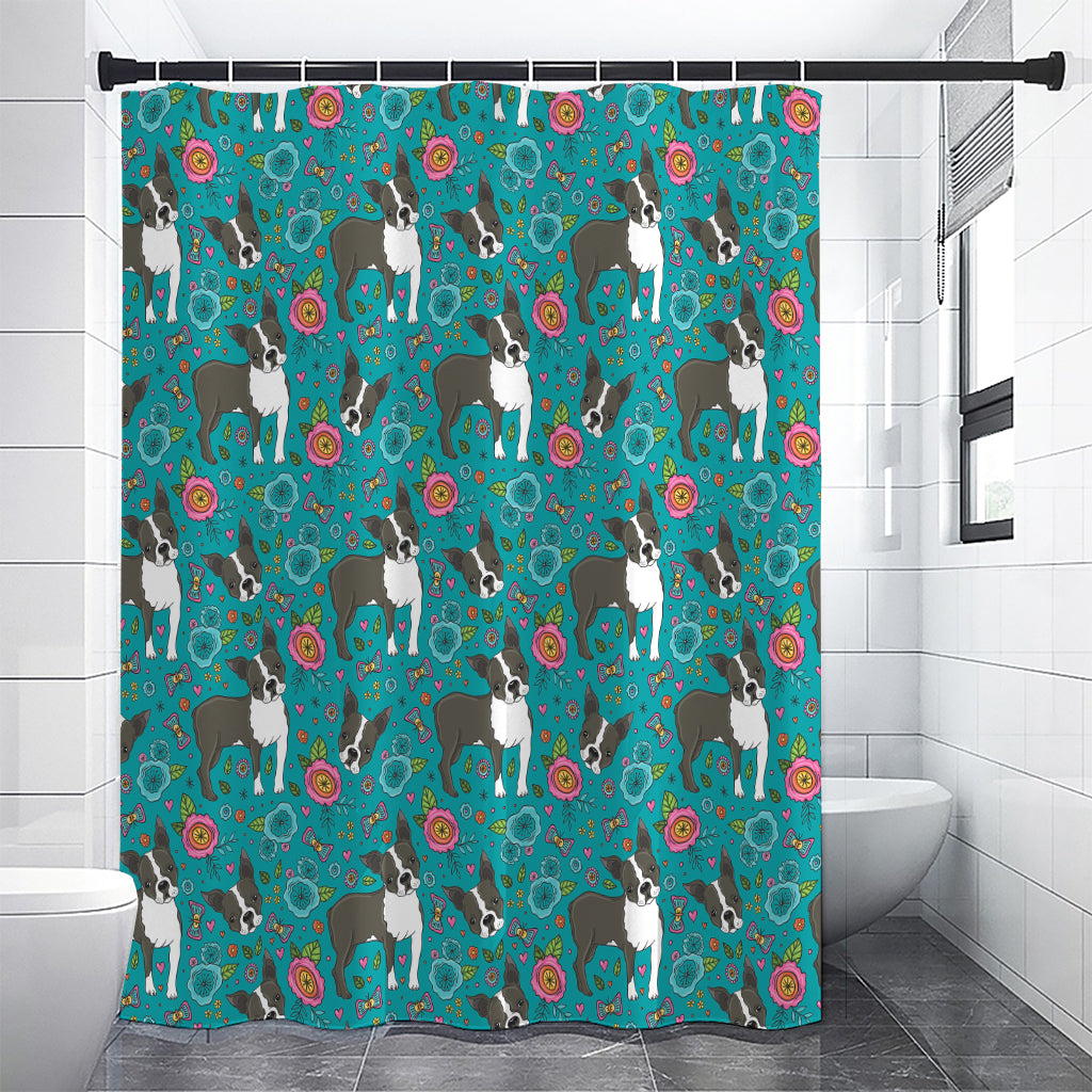 Cartoon Boston Terrier Flower Print Premium Shower Curtain