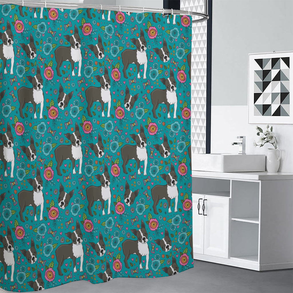 Cartoon Boston Terrier Flower Print Premium Shower Curtain