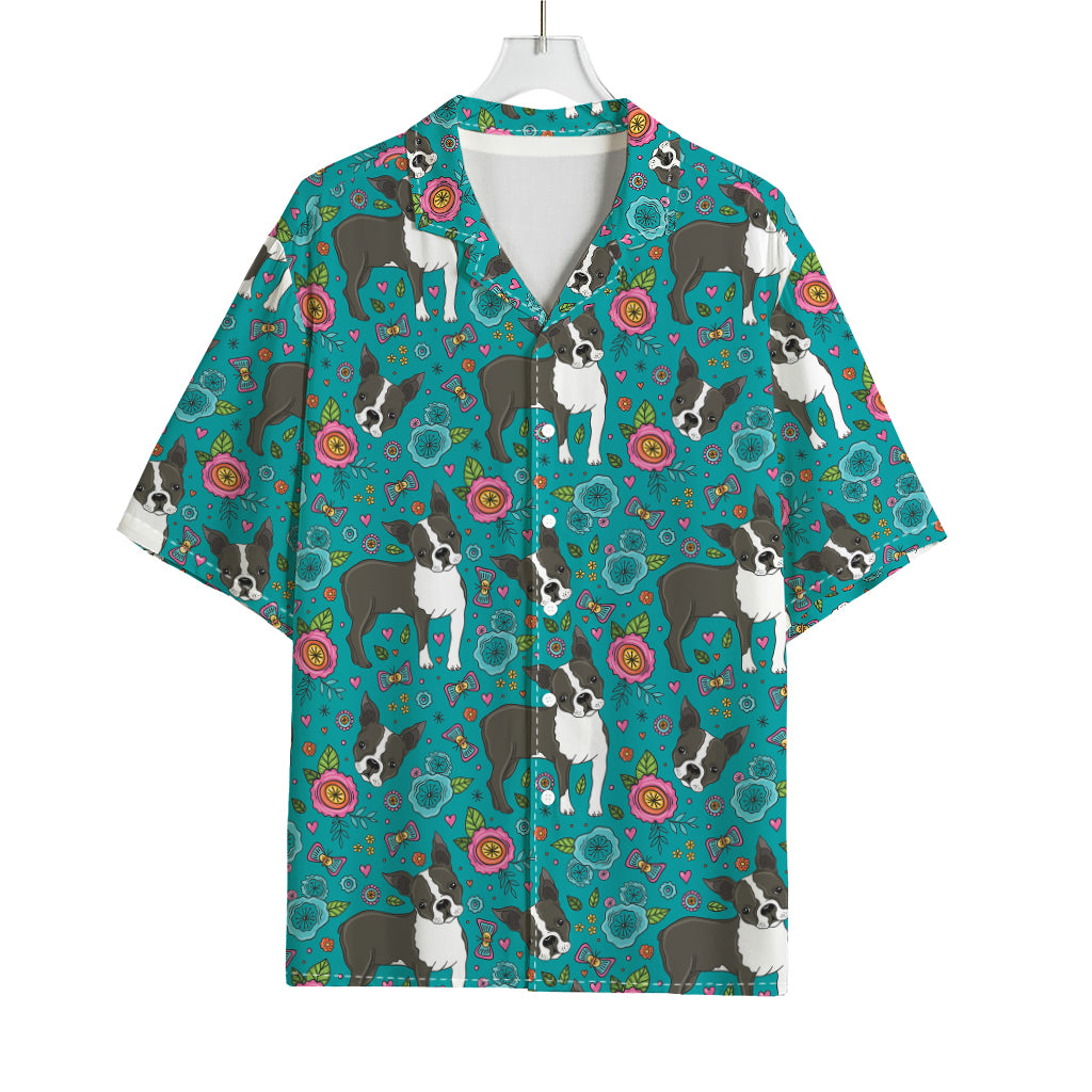 Cartoon Boston Terrier Flower Print Rayon Hawaiian Shirt