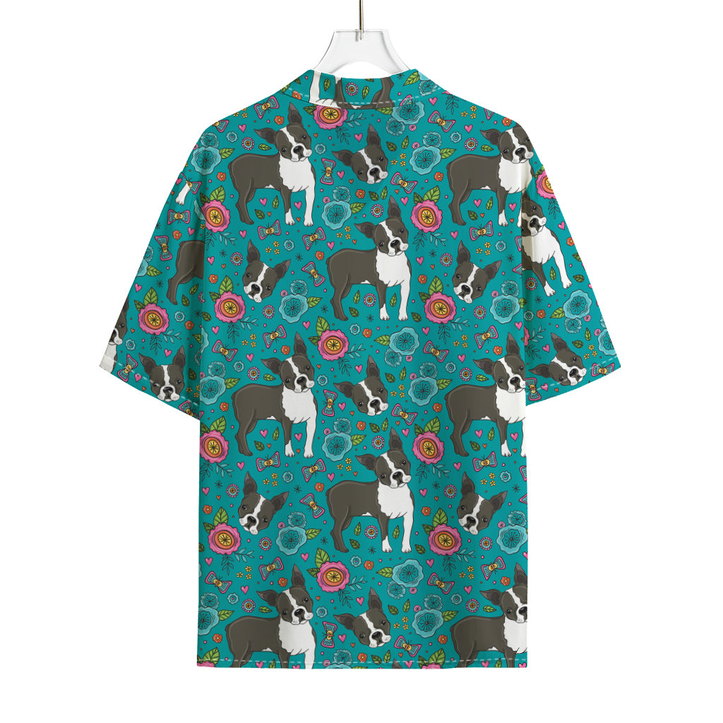 Cartoon Boston Terrier Flower Print Rayon Hawaiian Shirt