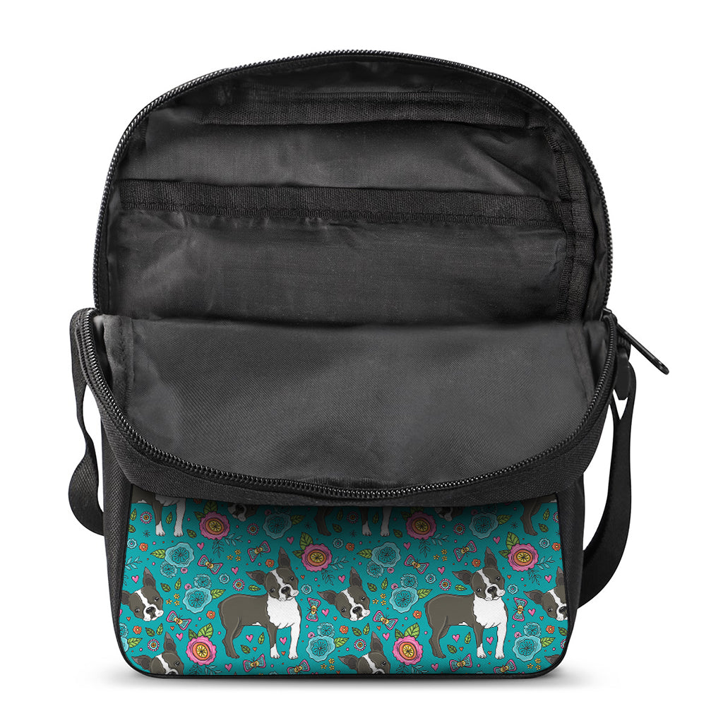 Cartoon Boston Terrier Flower Print Rectangular Crossbody Bag