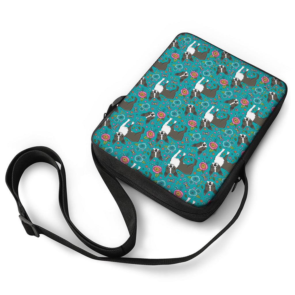 Cartoon Boston Terrier Flower Print Rectangular Crossbody Bag