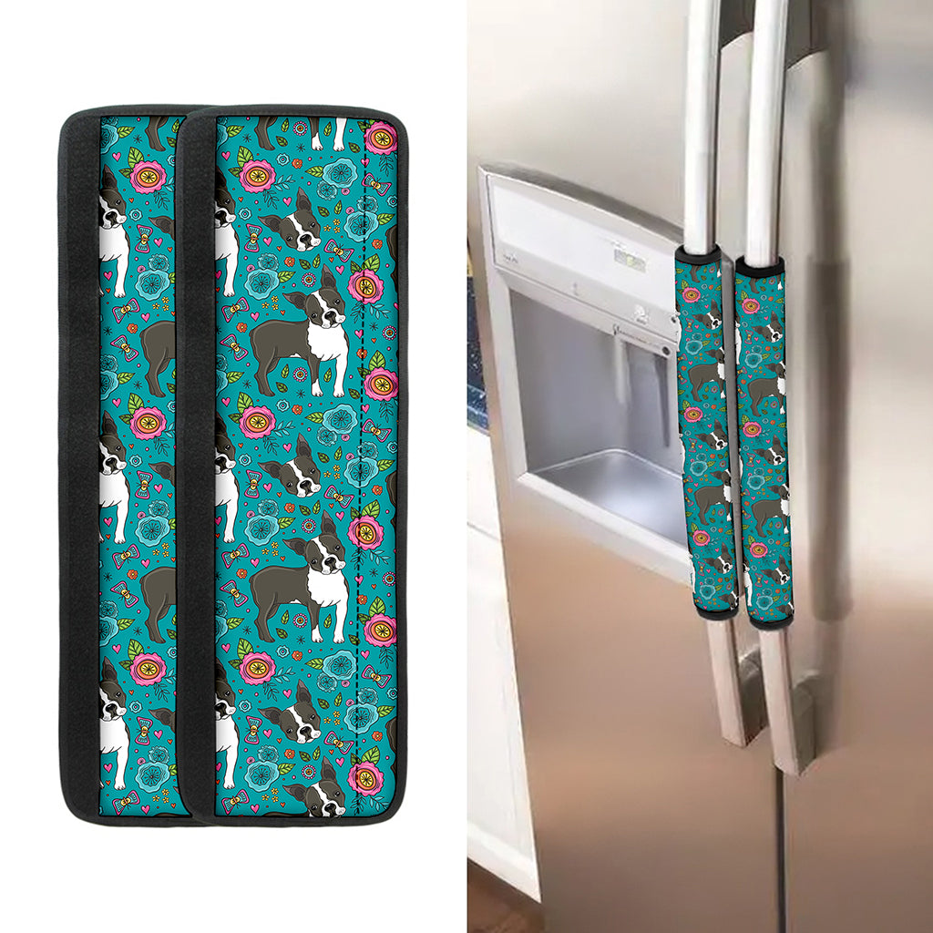 Cartoon Boston Terrier Flower Print Refrigerator Handle Covers