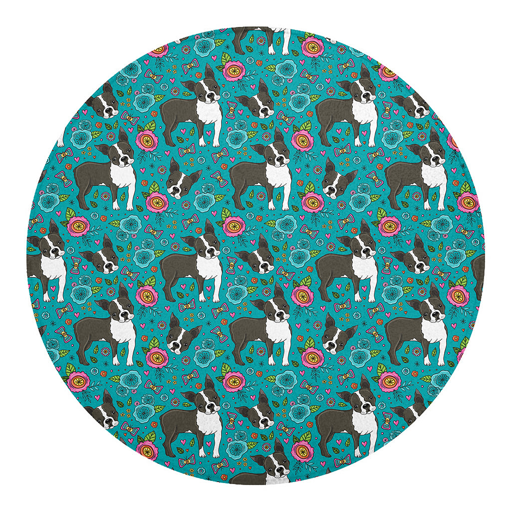 Cartoon Boston Terrier Flower Print Round Blanket