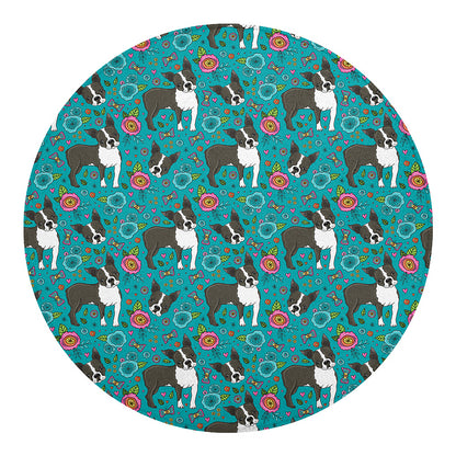 Cartoon Boston Terrier Flower Print Round Blanket