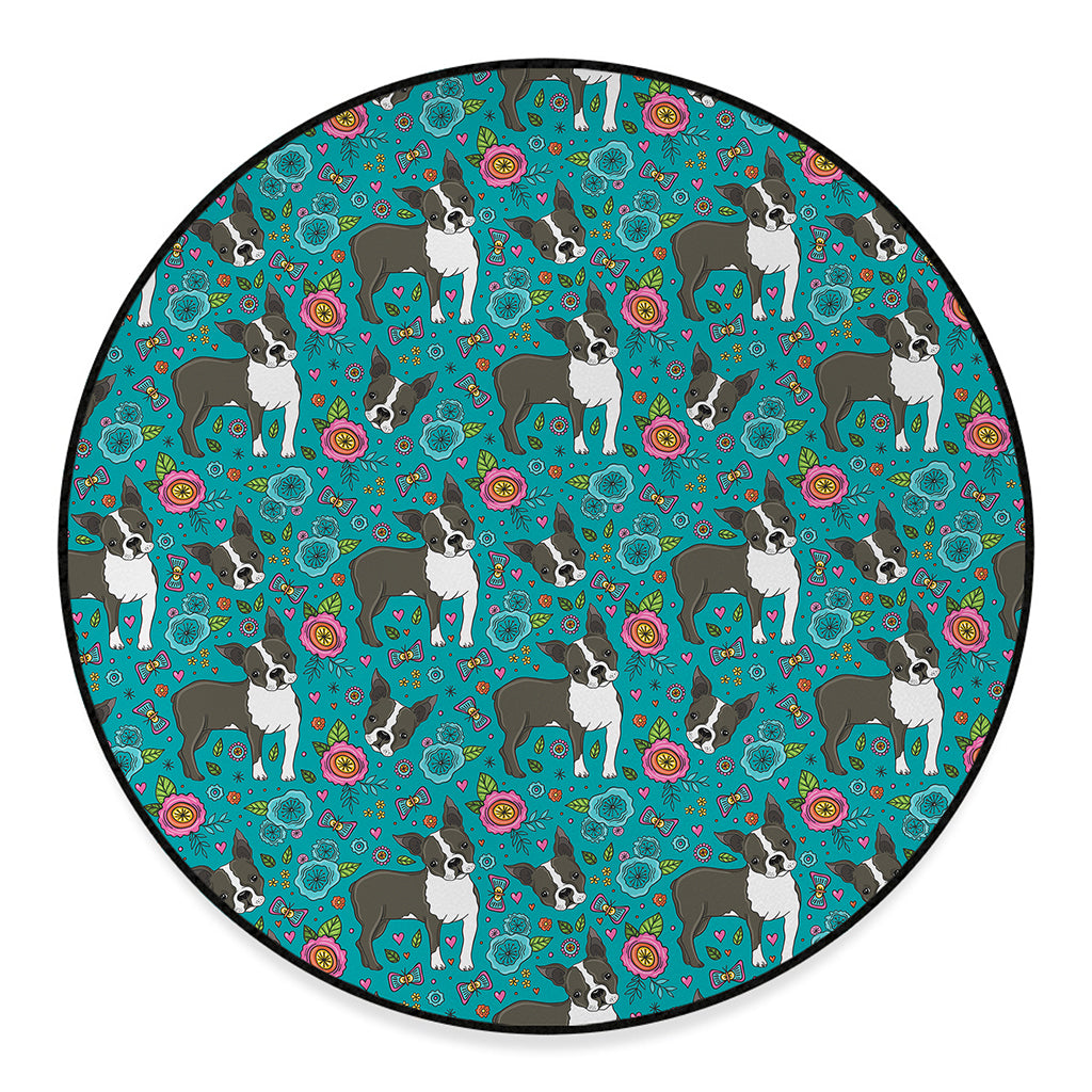 Cartoon Boston Terrier Flower Print Round Floor Mat