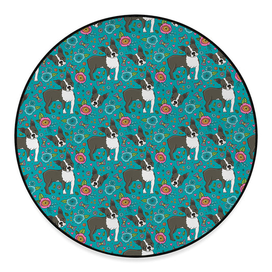 Cartoon Boston Terrier Flower Print Round Floor Mat