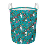 Cartoon Boston Terrier Flower Print Round Laundry Basket