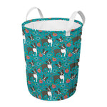 Cartoon Boston Terrier Flower Print Round Laundry Basket
