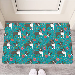 Cartoon Boston Terrier Flower Print Rubber Doormat