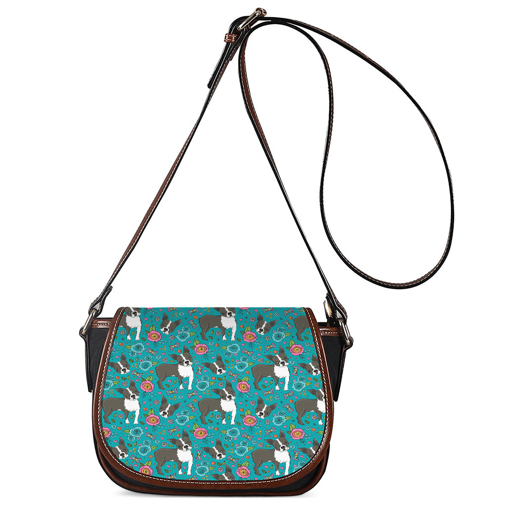 Cartoon Boston Terrier Flower Print Saddle Bag