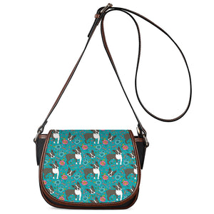 Cartoon Boston Terrier Flower Print Saddle Bag