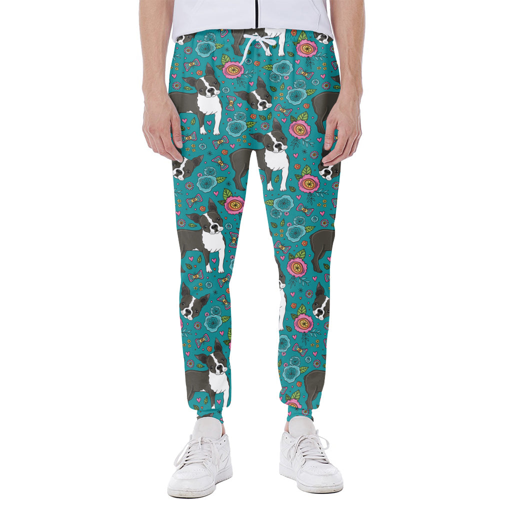 Cartoon Boston Terrier Flower Print Scuba Joggers