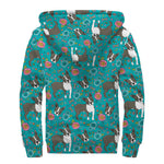 Cartoon Boston Terrier Flower Print Sherpa Lined Zip Up Hoodie