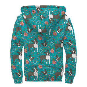 Cartoon Boston Terrier Flower Print Sherpa Lined Zip Up Hoodie