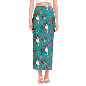 Cartoon Boston Terrier Flower Print Side Slit Maxi Skirt