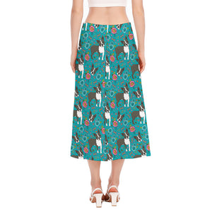 Cartoon Boston Terrier Flower Print Side Slit Midi Skirt