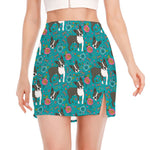 Cartoon Boston Terrier Flower Print Side Slit Mini Skirt