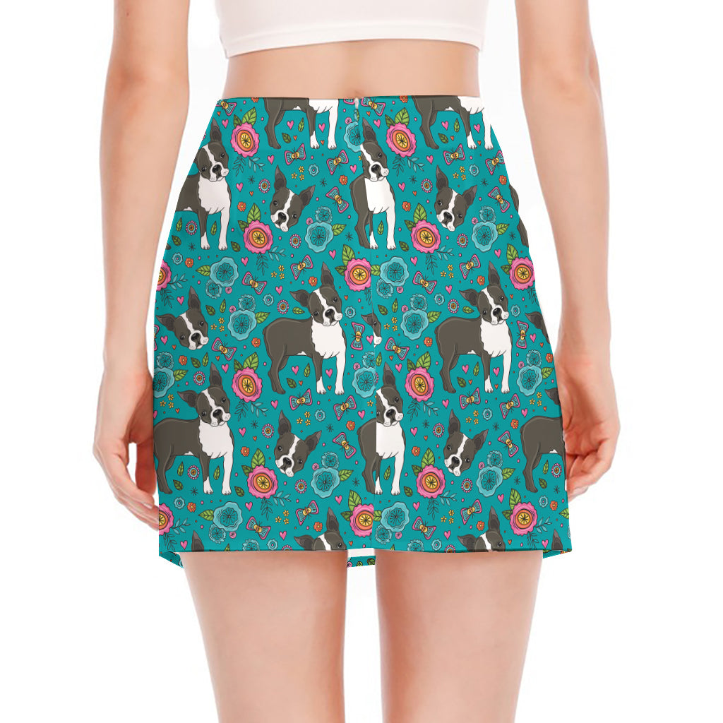 Cartoon Boston Terrier Flower Print Side Slit Mini Skirt