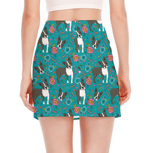 Cartoon Boston Terrier Flower Print Side Slit Mini Skirt