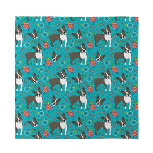 Cartoon Boston Terrier Flower Print Silk Bandana