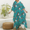 Cartoon Boston Terrier Flower Print Silk V-Neck Kaftan Dress