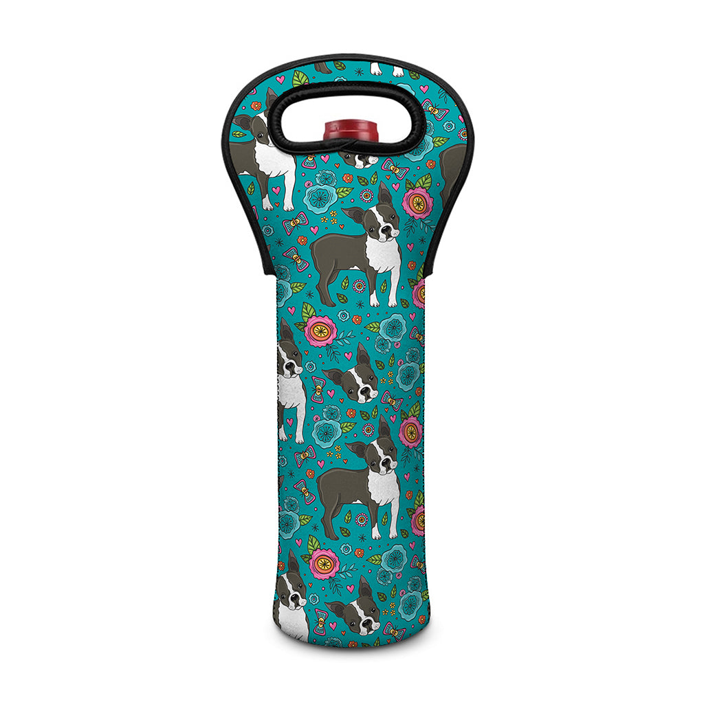 Cartoon Boston Terrier Flower Print Single Neoprene Wine Tote