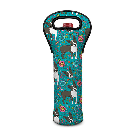 Cartoon Boston Terrier Flower Print Single Neoprene Wine Tote