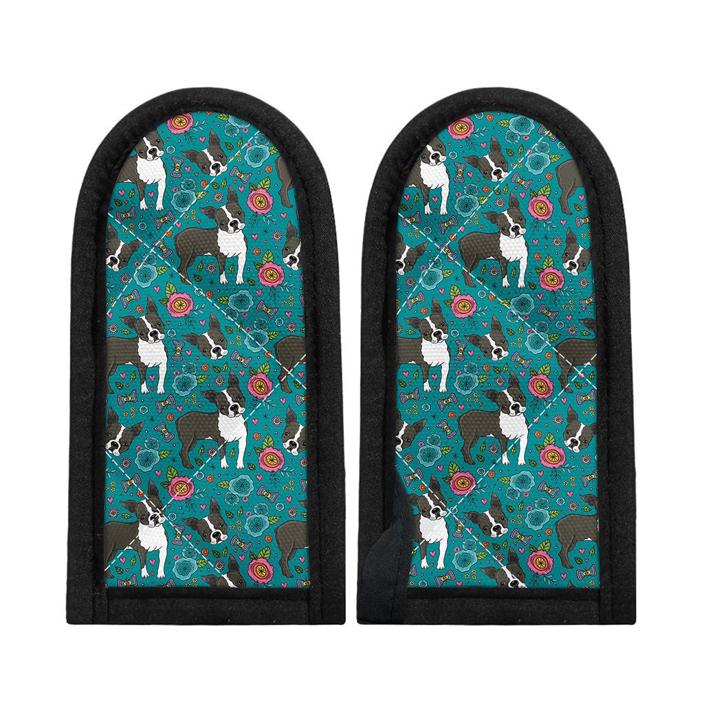 Cartoon Boston Terrier Flower Print Skillet Handle Cover
