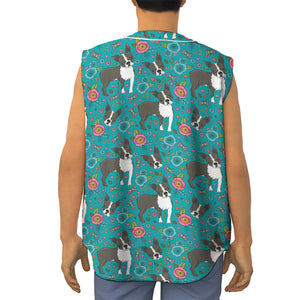 Cartoon Boston Terrier Flower Print Sleeveless Baseball Jersey