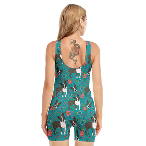 Cartoon Boston Terrier Flower Print Sleeveless One Piece Swimsuit