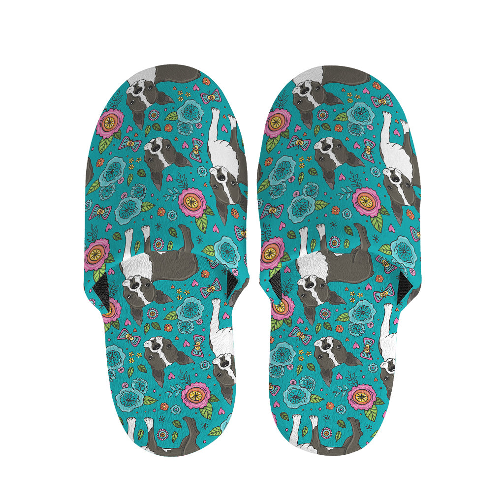 Cartoon Boston Terrier Flower Print Slippers