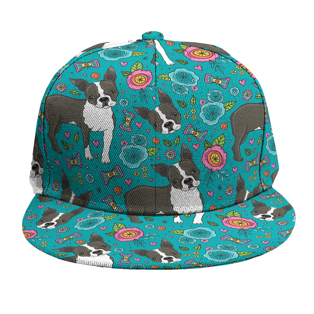 Cartoon Boston Terrier Flower Print Snapback Cap