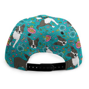 Cartoon Boston Terrier Flower Print Snapback Cap