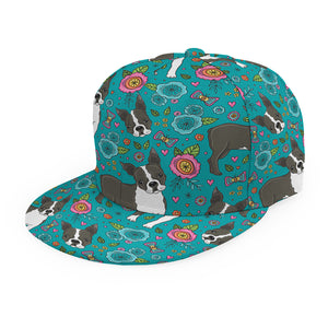 Cartoon Boston Terrier Flower Print Snapback Cap