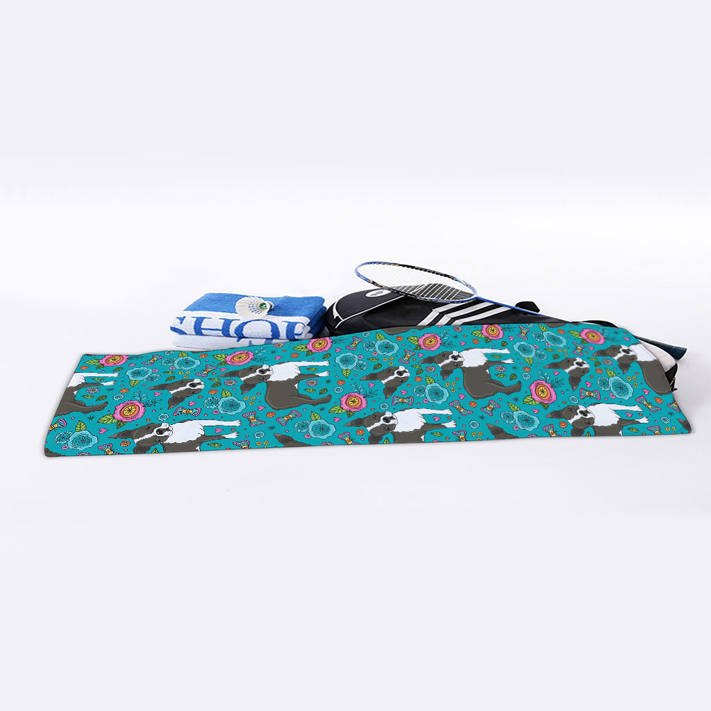 Cartoon Boston Terrier Flower Print Sports Towel