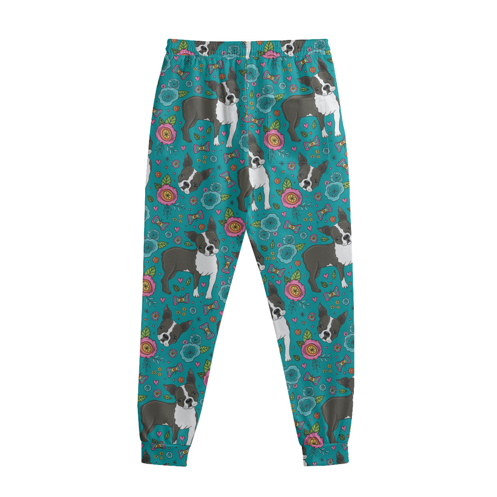Cartoon Boston Terrier Flower Print Sweatpants