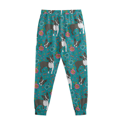 Cartoon Boston Terrier Flower Print Sweatpants