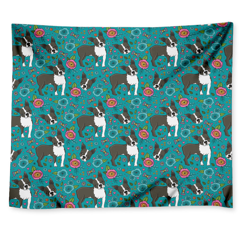 Cartoon Boston Terrier Flower Print Tapestry