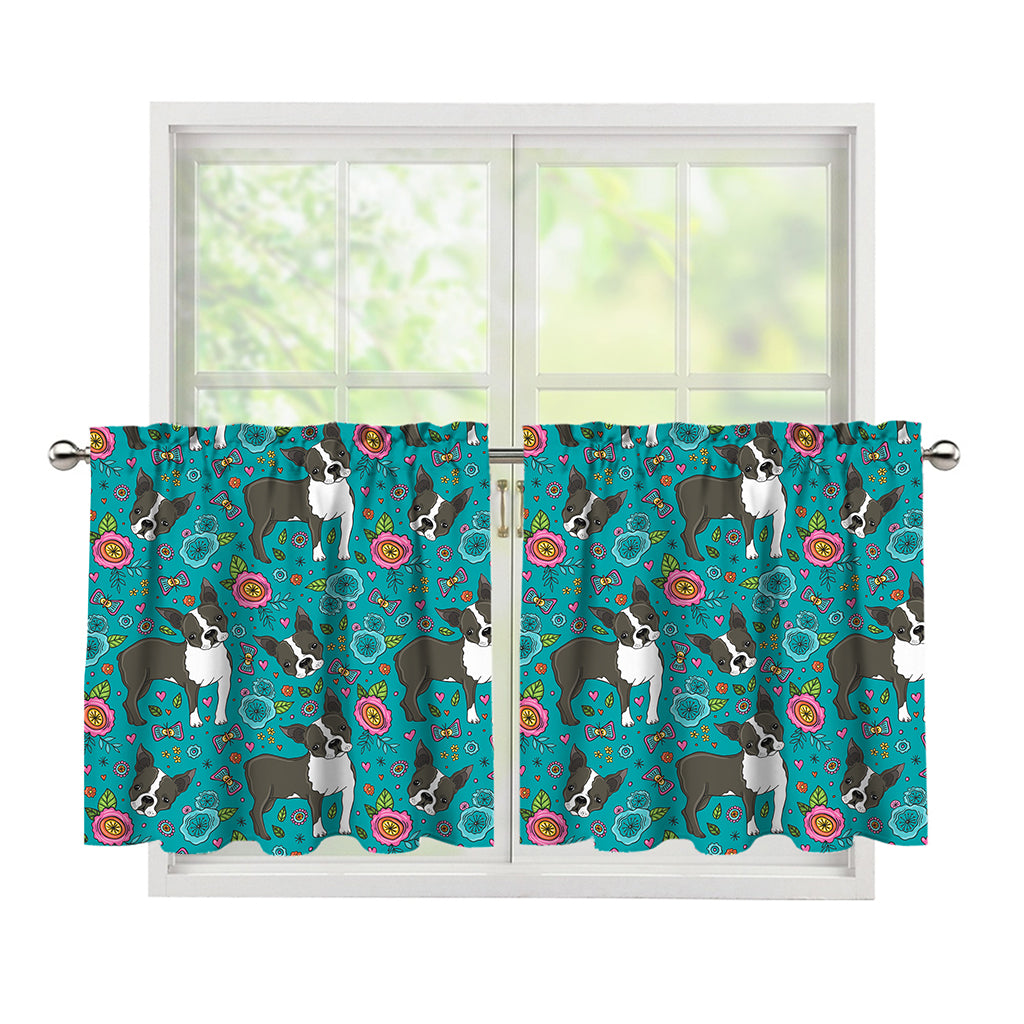 Cartoon Boston Terrier Flower Print Tier Curtains