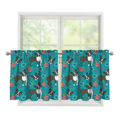 Cartoon Boston Terrier Flower Print Tier Curtains